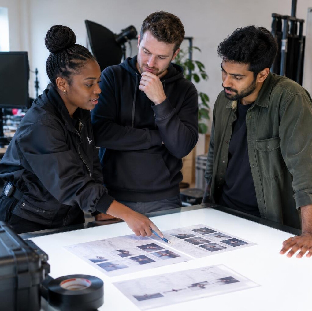 Diverse production crew reviewing a shot list together