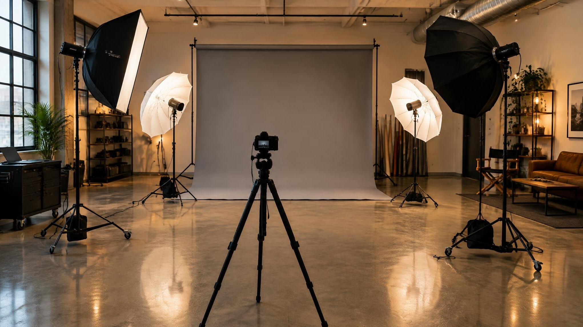 Wide view of a production studio with lighting rigs and backdrops