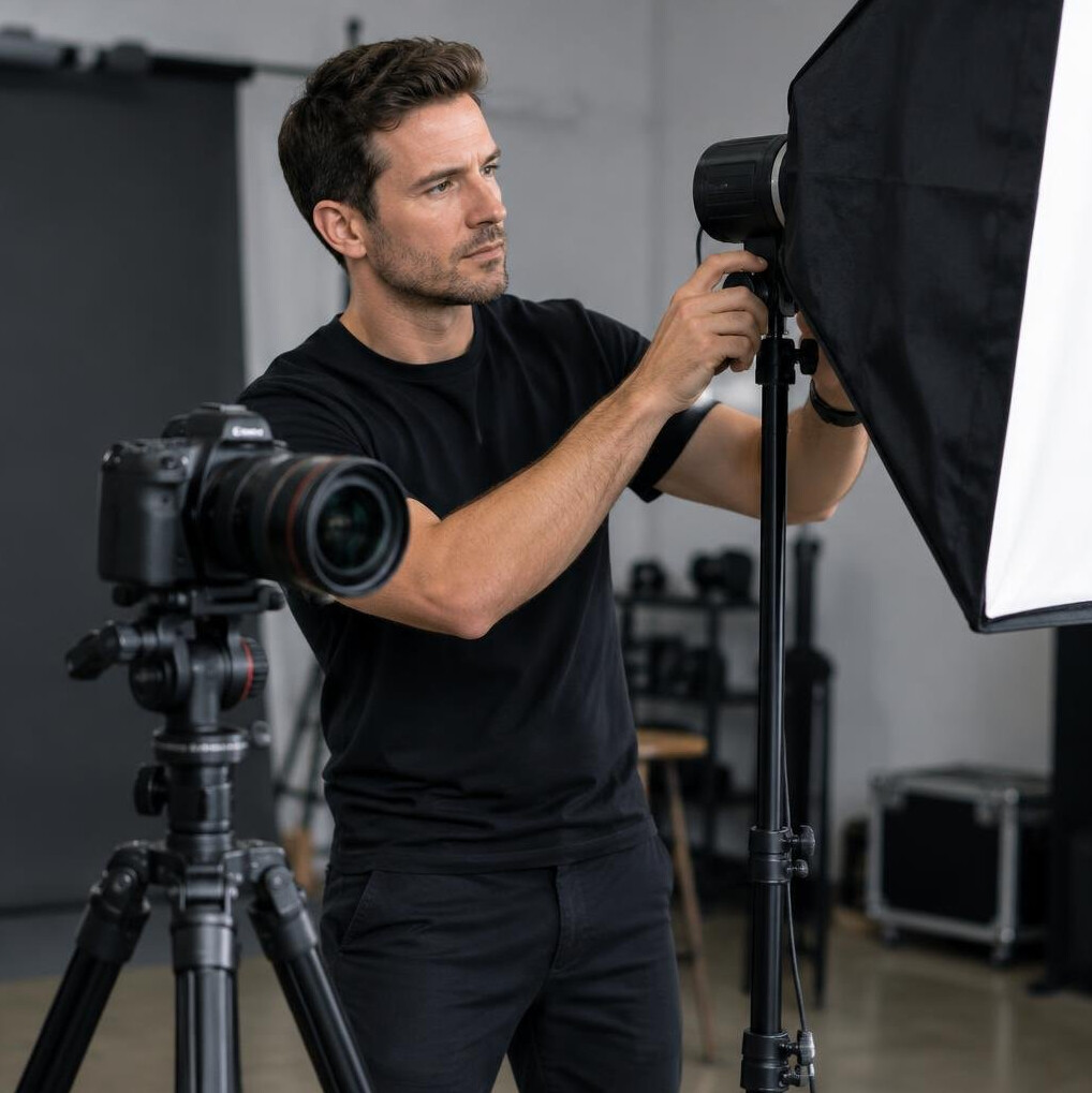 Photographer adjusting a studio strobe light before a shoot