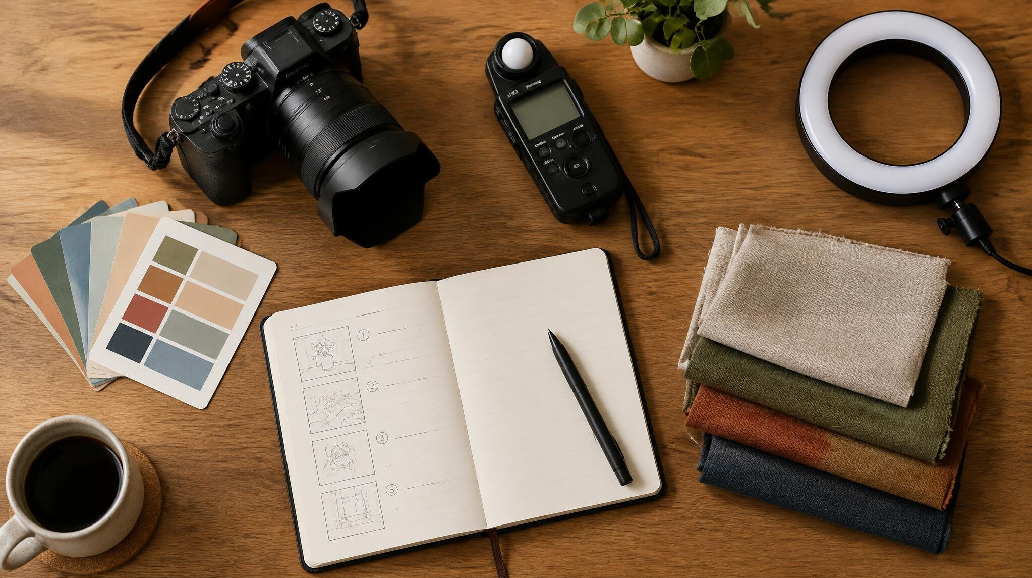 Overhead flatlay of a styling table with camera gear and fabric swatches