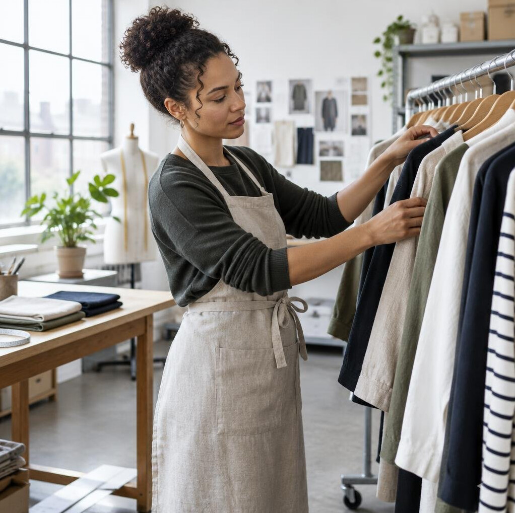 Stylist arranging garments on a clothing rack in a studio