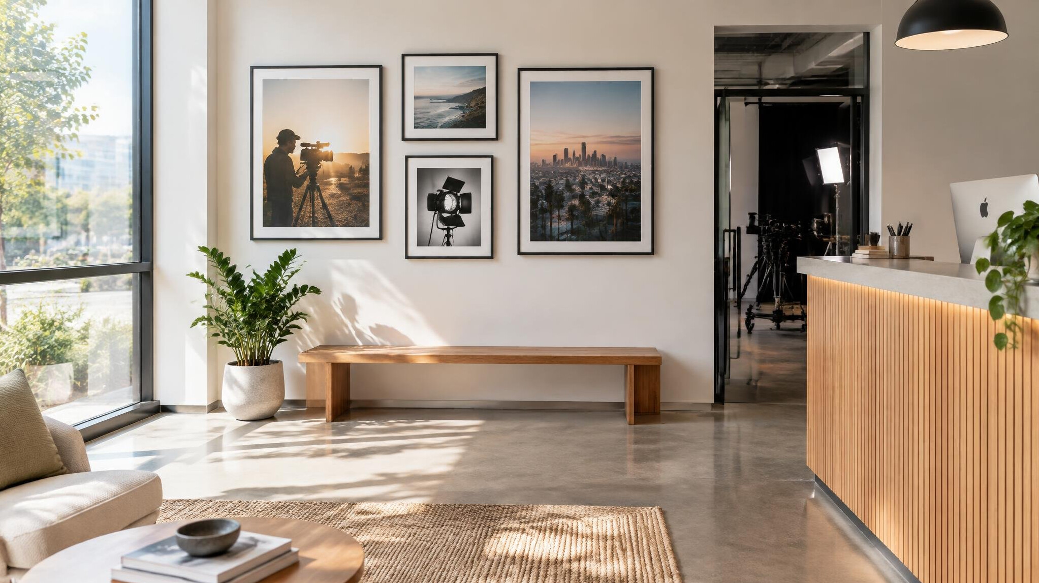 Bright studio reception area with seating and plants
